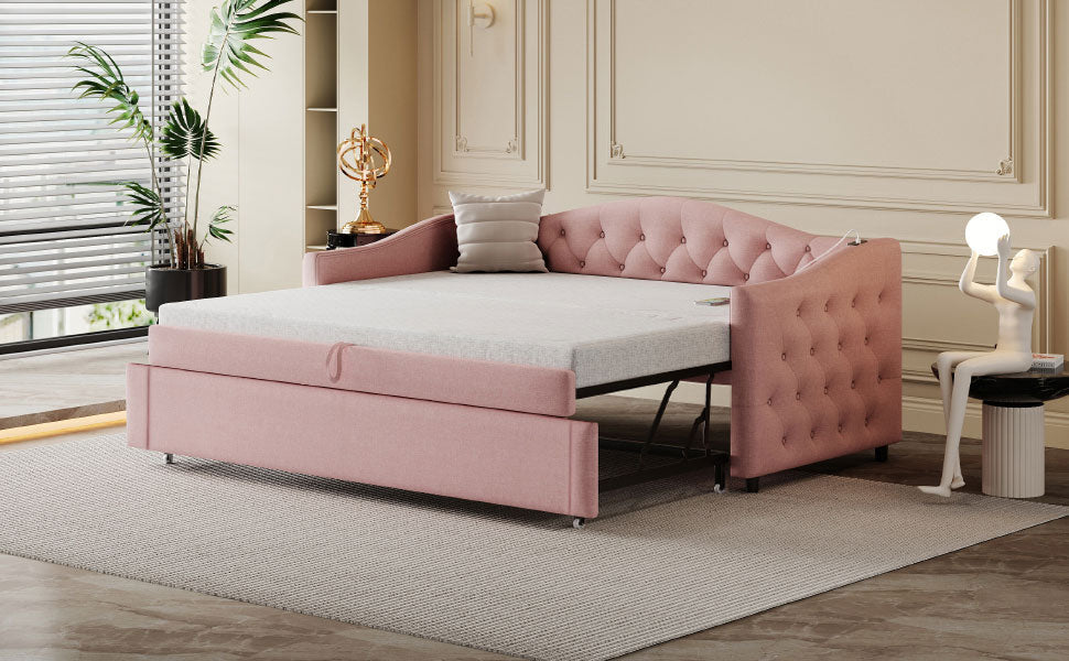 Upholstered Bed Pull-out Sofa Bed with USB Port, Pink Linen Fabric