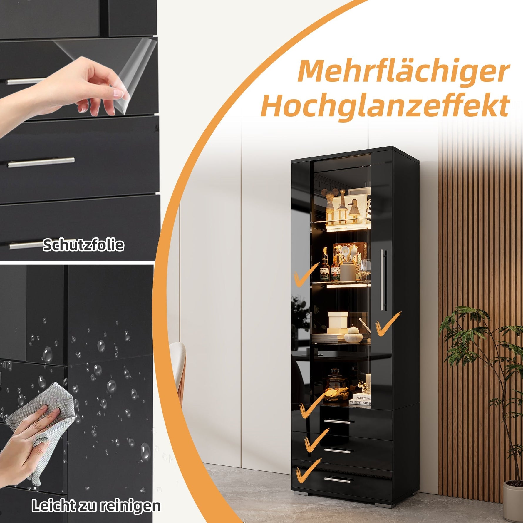 Display Cabinet, Vertical Freestanding LED 3 Drawers 60x35x180cm, Black High-Gloss Glass