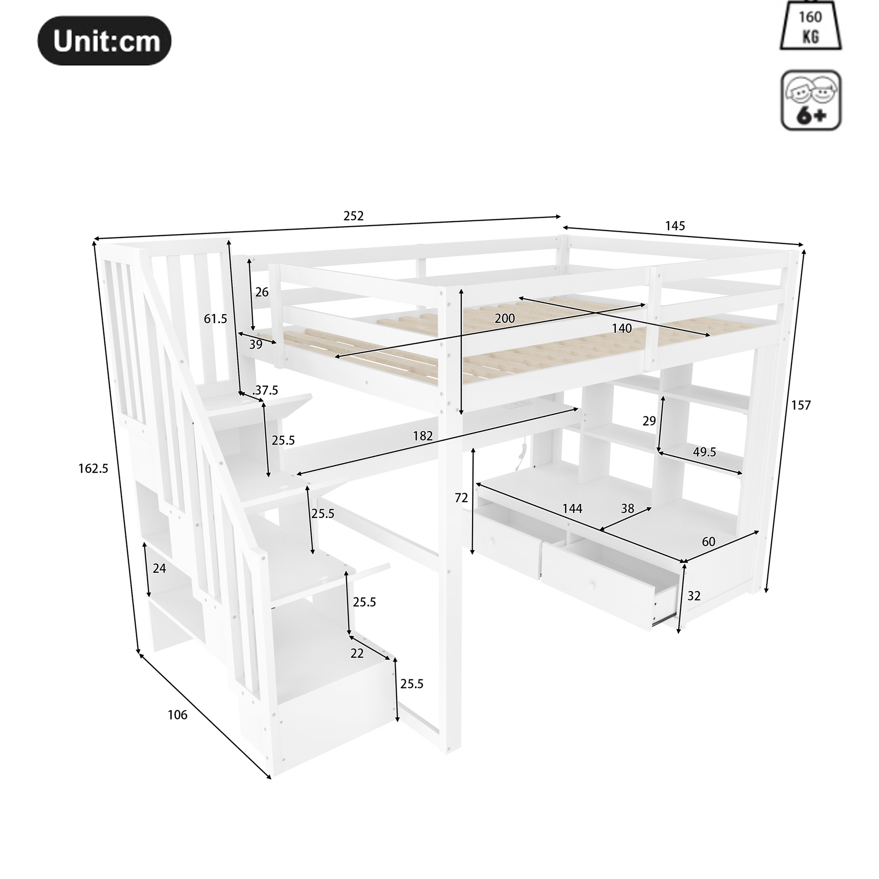 Loft Bed with Desk, Shelves, Drawers and Storage Stairs, 140x200cm, White