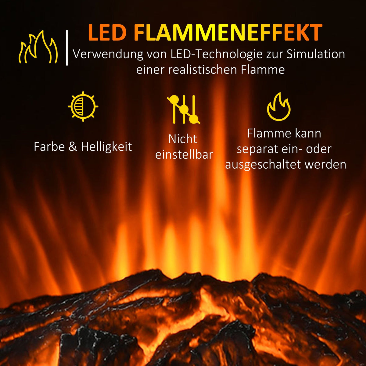 LED Electric Fireplace, 1000/2000W Heating, Flame Effect, 44.5x32x74cm, White