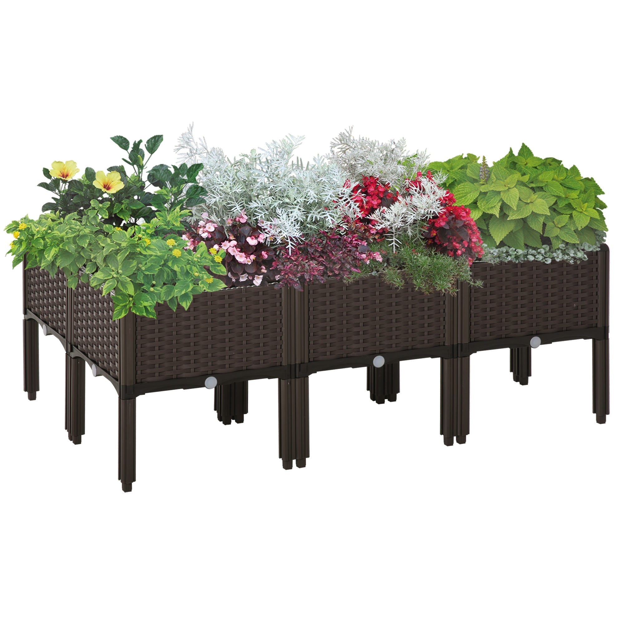 Raised Bed Planter 6-Piece Rattan Look with Drainage Holes Brown