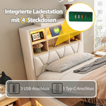 Children's Bed 90×200cm Hydraulic Storage LED USB Port, Linen Beige