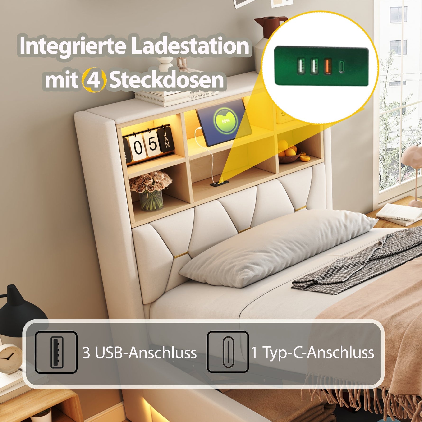 Children's Bed 90×200cm Hydraulic Storage LED USB Port, Linen Beige