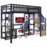 Loft Bed with Desk, LED Lights, USB Port and Storage Ladder, Black Iron Frame