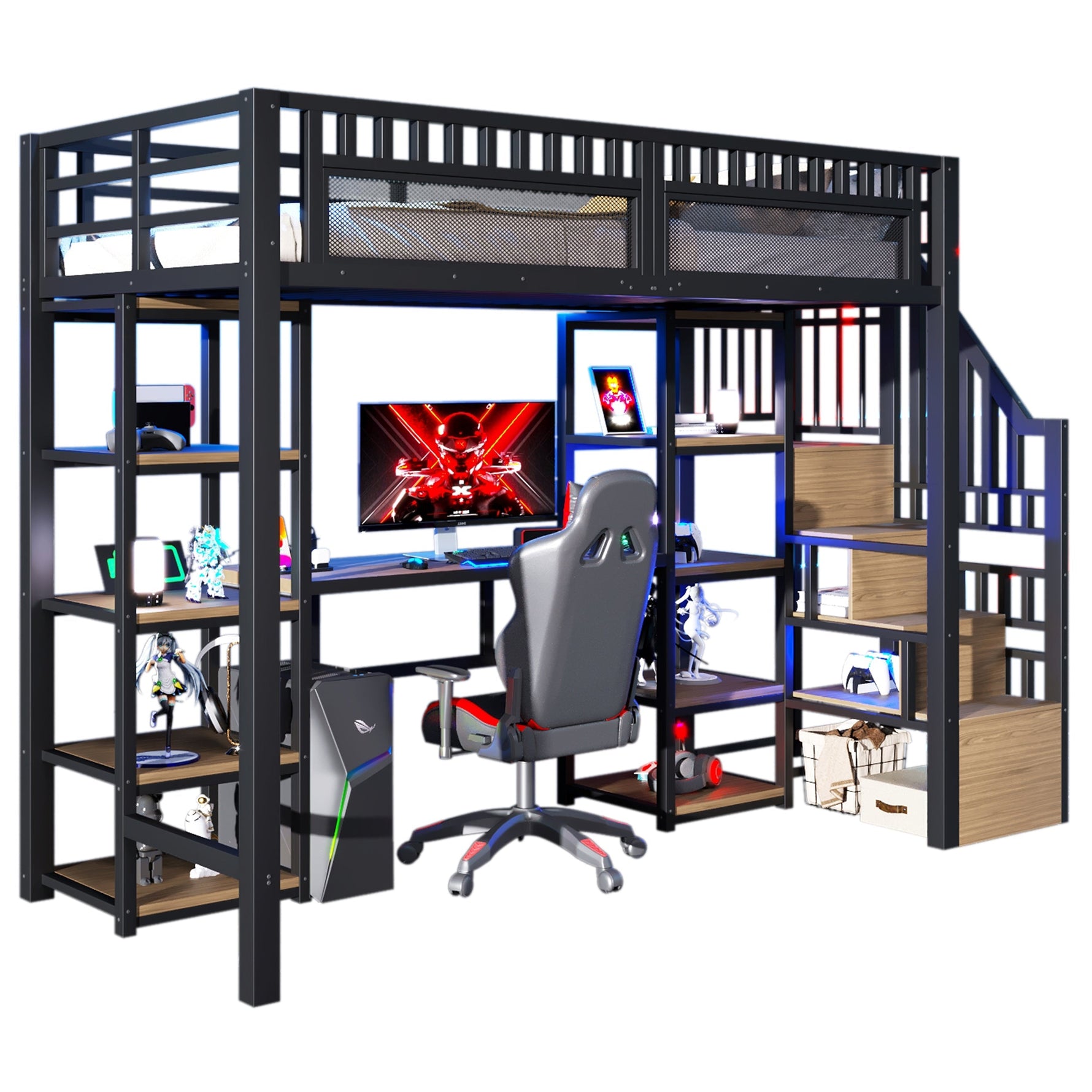 Loft Bed with Desk, LED Lights, USB Port and Storage Ladder, Black Iron Frame