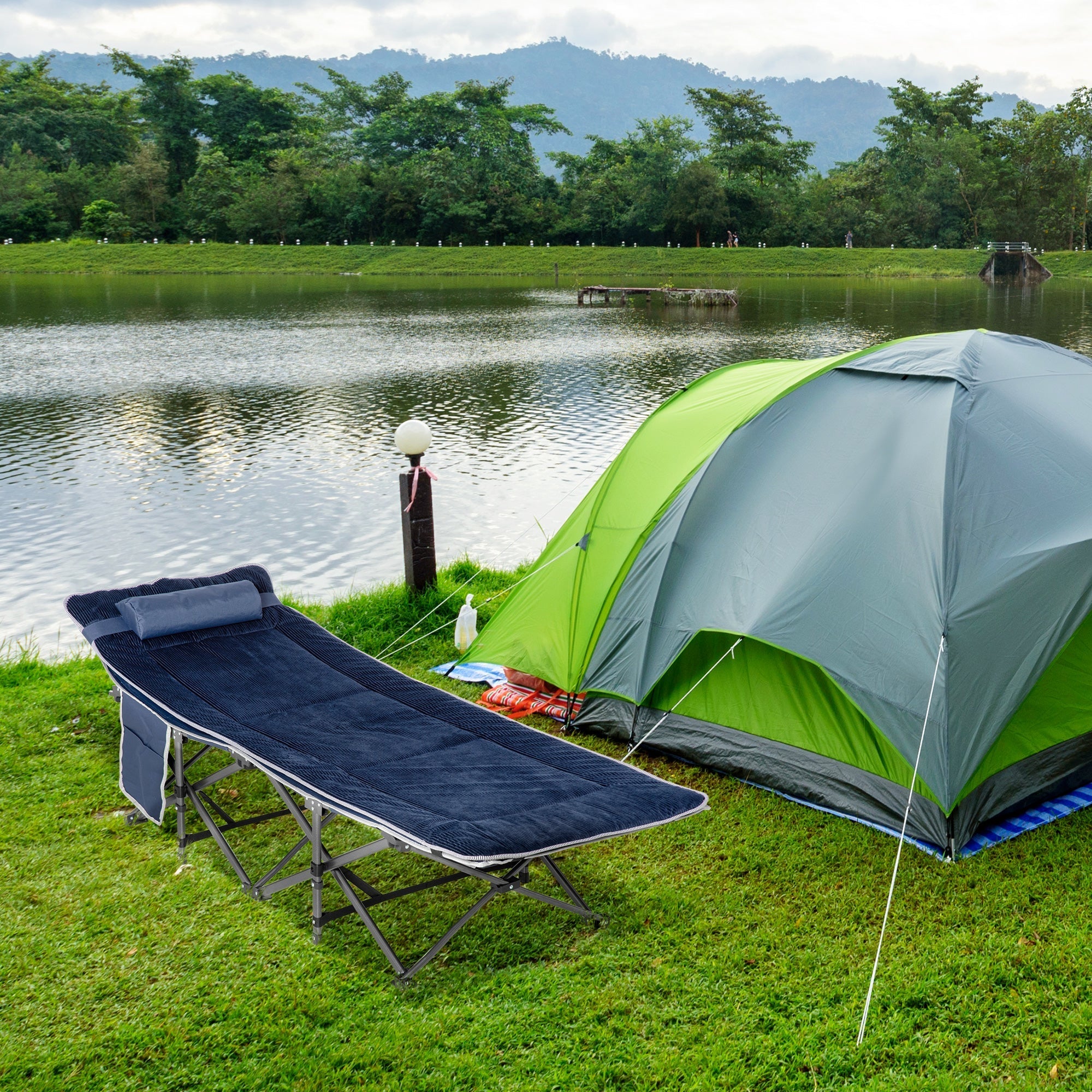 Camping Bed, Foldable with Pillow, Side Pocket, 150 kg Capacity, Oxford Dark Blue