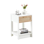 Rattan Side/Bedside Table with Drawer Modern - White