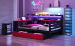 Multifunctional Wooden Sofa Bed with Desk, Bookshelf, Lighting and Sockets, 90x200cm, Black and Red Wood