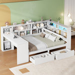 L-shaped Platform Bed 140x200 with Desk Bookshelf Upholstered Headboard Drawers LED Light White Wood