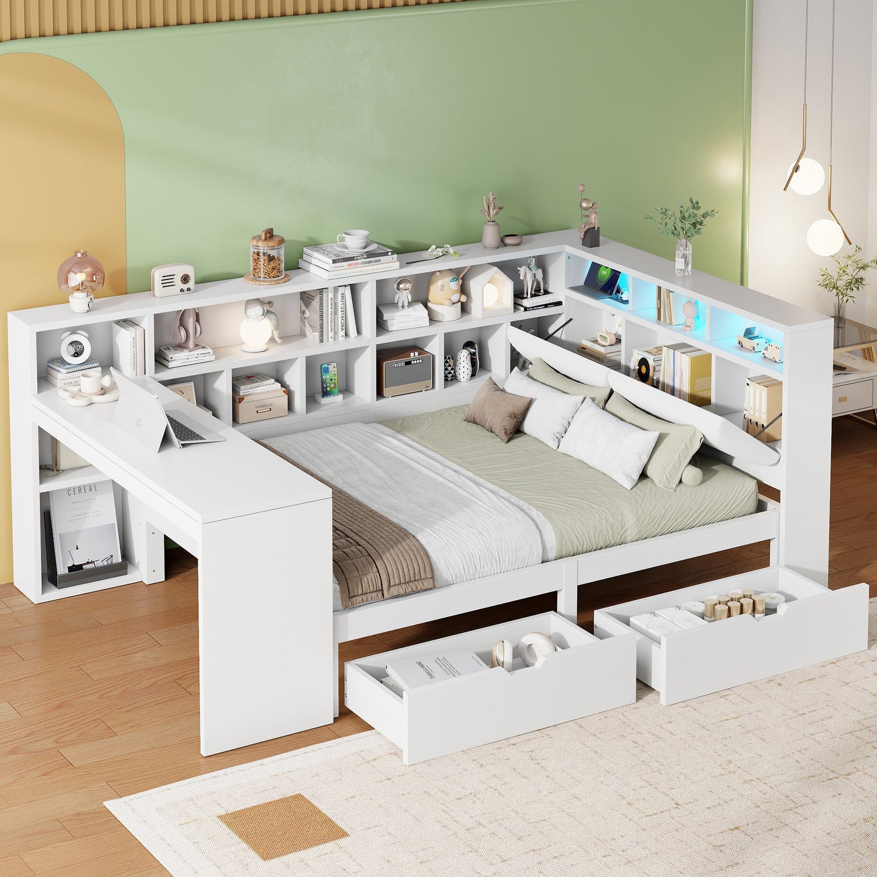 L-shaped Platform Bed 140x200 with Desk Bookshelf Upholstered Headboard Drawers LED Light White Wood