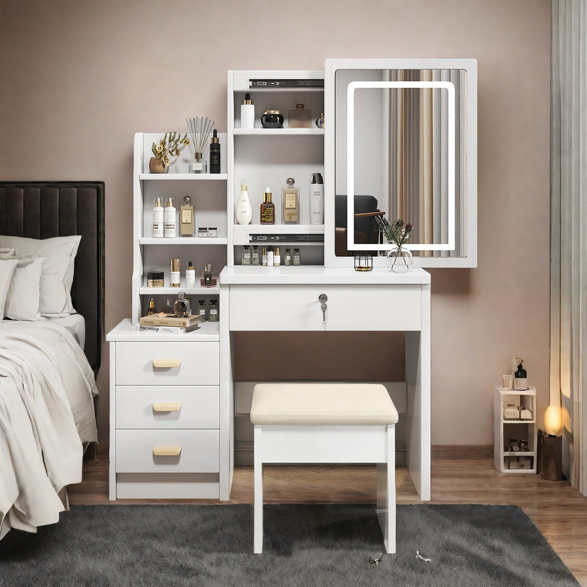 Dressing Table Set with 3-Color LED Mirror, Stool & 4 Drawers, White