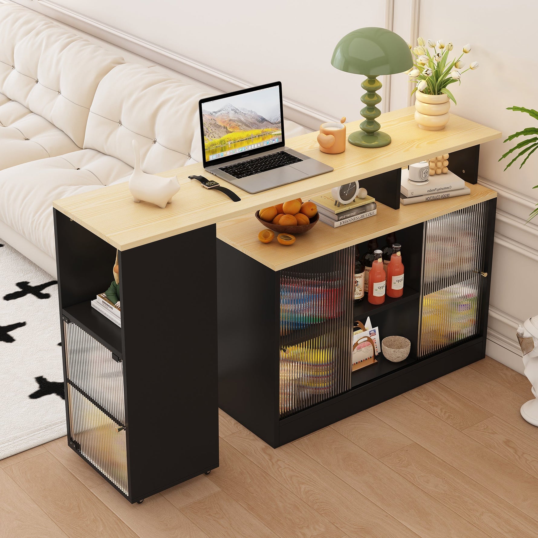 Extendable Bar Table Movable Swivel Storage Black