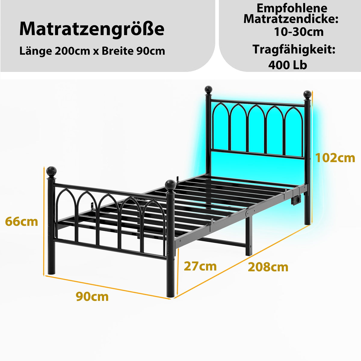 Metal Bed Frame with USB, LED, Vintage Headboard and Footboard, Black