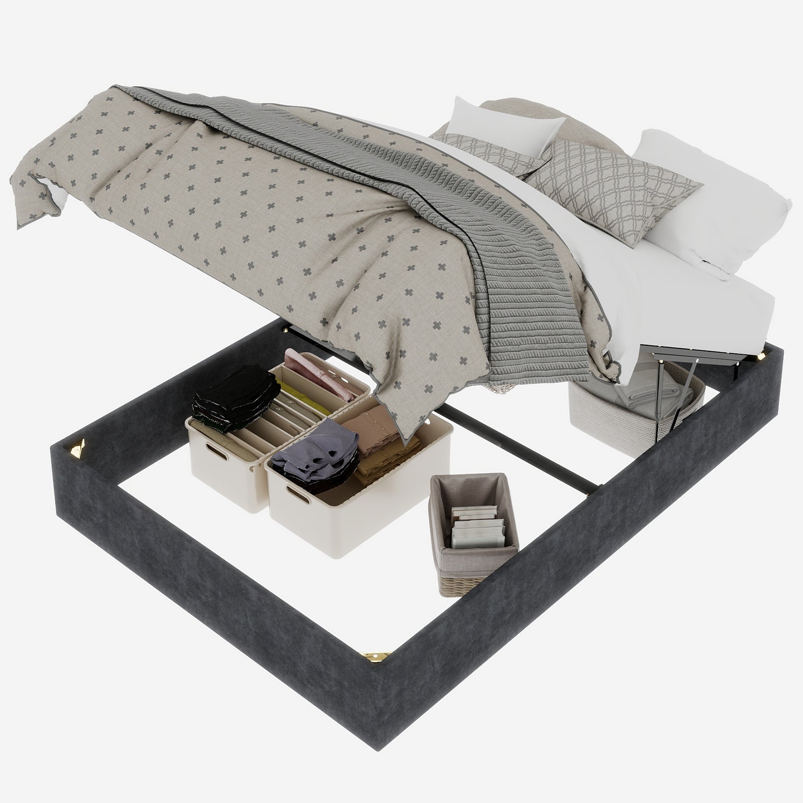 Bed Frame 140x200cm Gas Lift Storage, Grey Dutch Velvet Fabric
