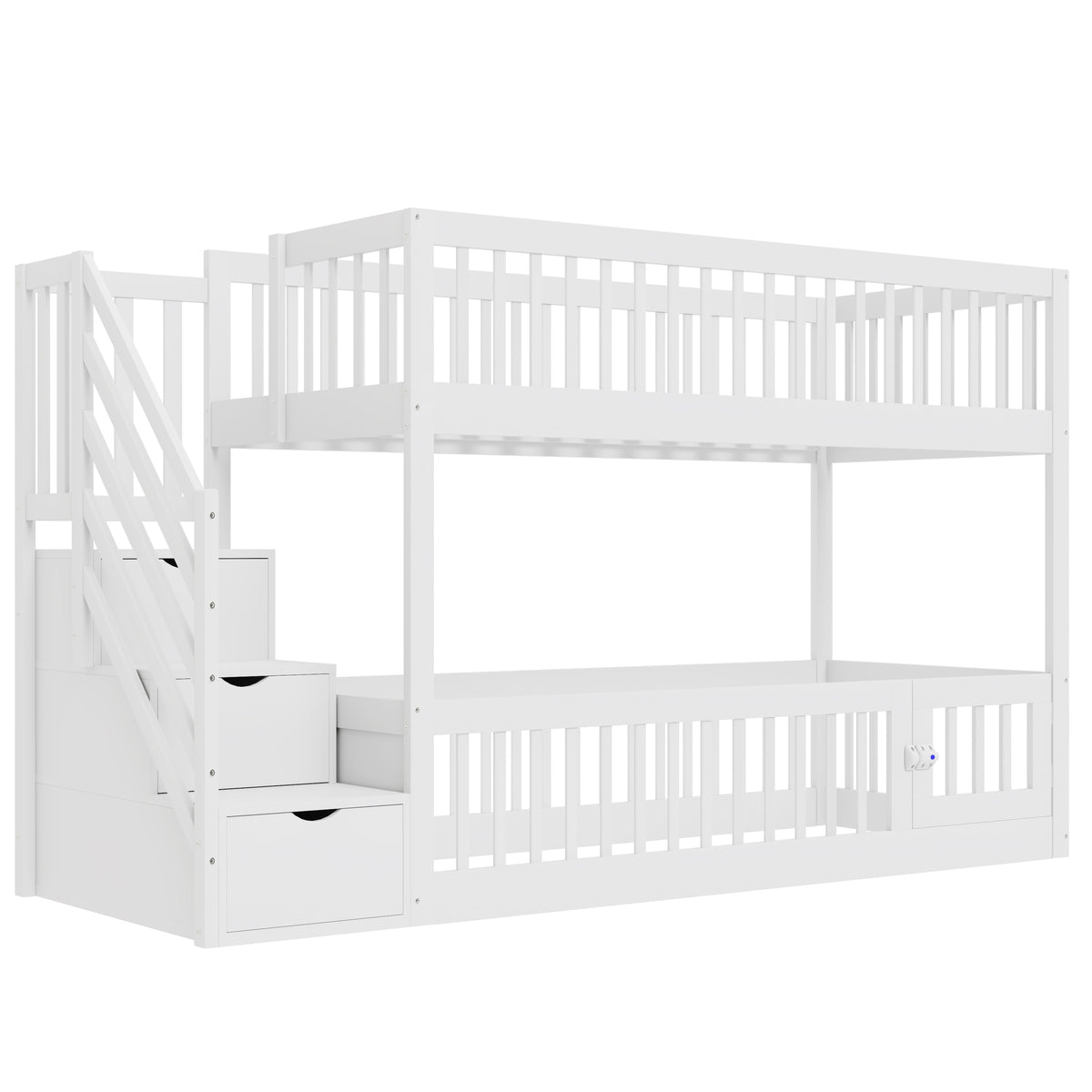 Bunk Bed 90x200 with Safety Stairs & Drawers, White Wood
