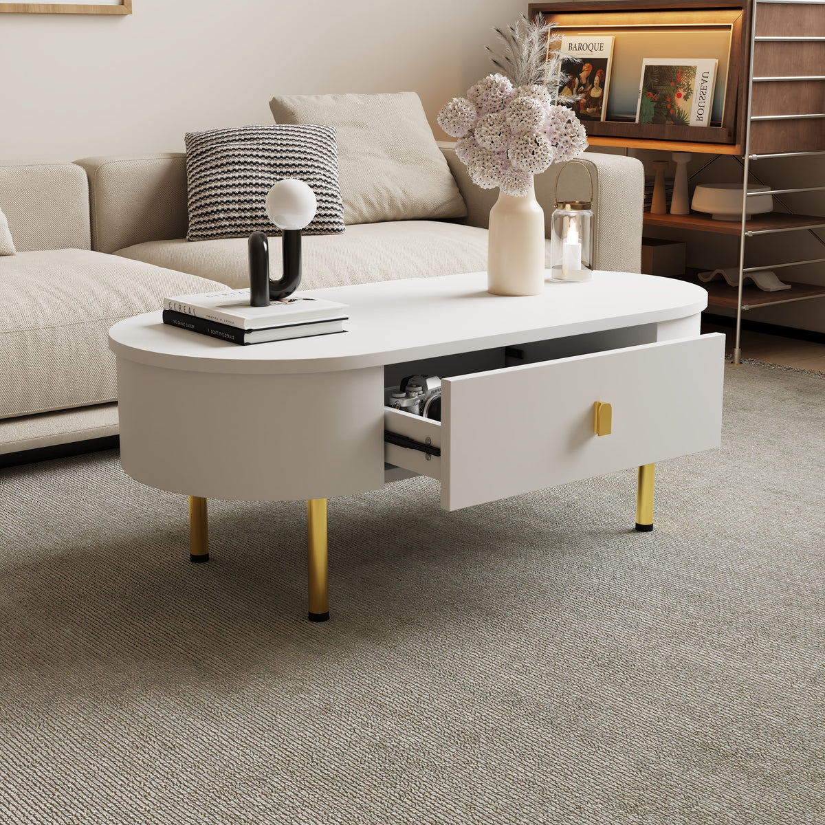 Coffee Table with Two Drawers, Curved Corners, Golden