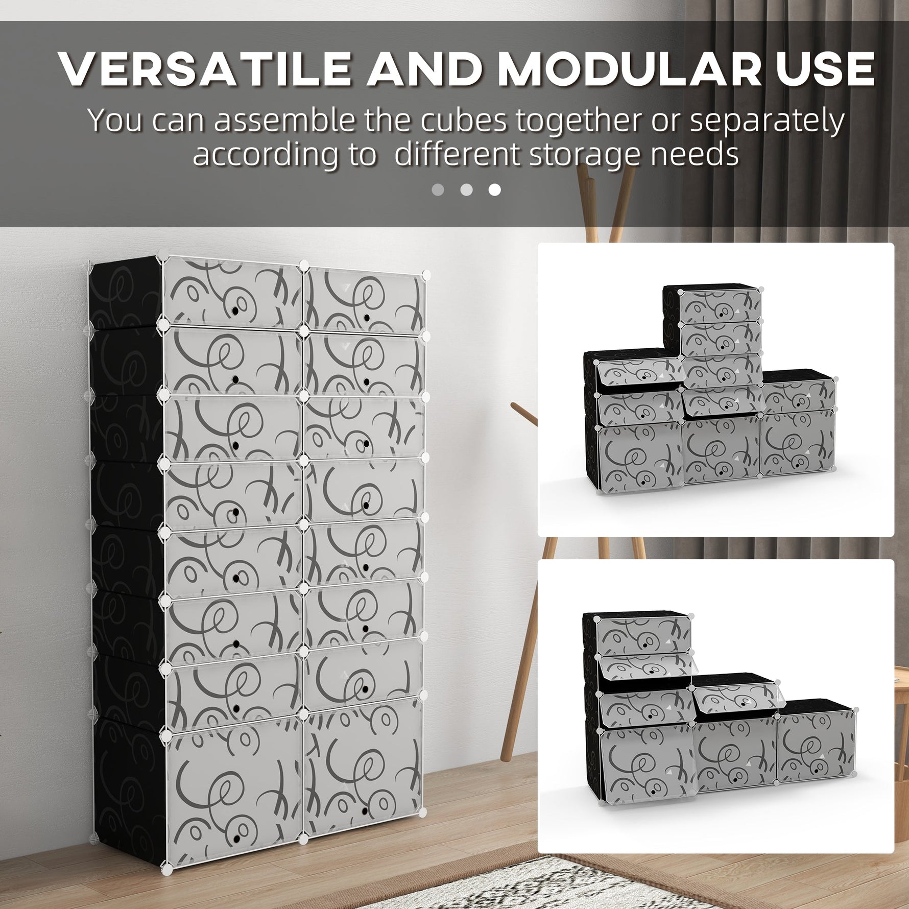 DIY Shoe Cabinet, 16 Compartments, Modular Wardrobe, PP Black + White
