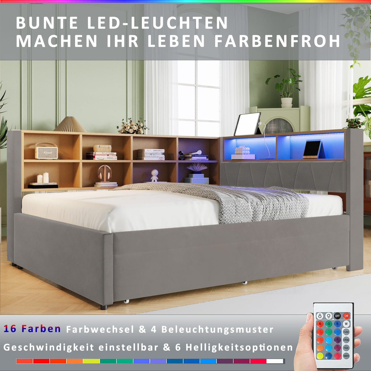 Sofa Bed 140x200 Pull-out LED Storage, Flannel Dark Gray