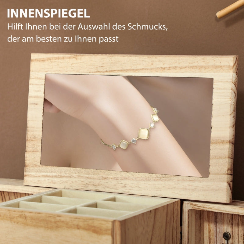 Jewelry Box, 4-Tier Case with Mirror, Wood Brown