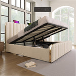 Upholstered Bed, Double Headboard with USB-C Charging, Hydraulic Storage, Beige Linen