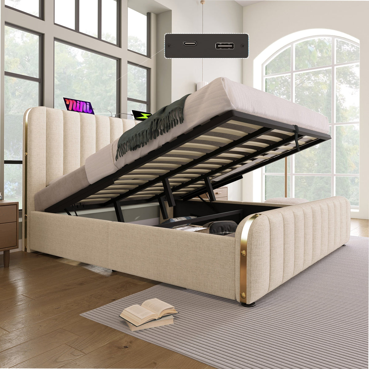 Upholstered Bed, Double Headboard with USB-C Charging, Hydraulic Storage, Beige Linen