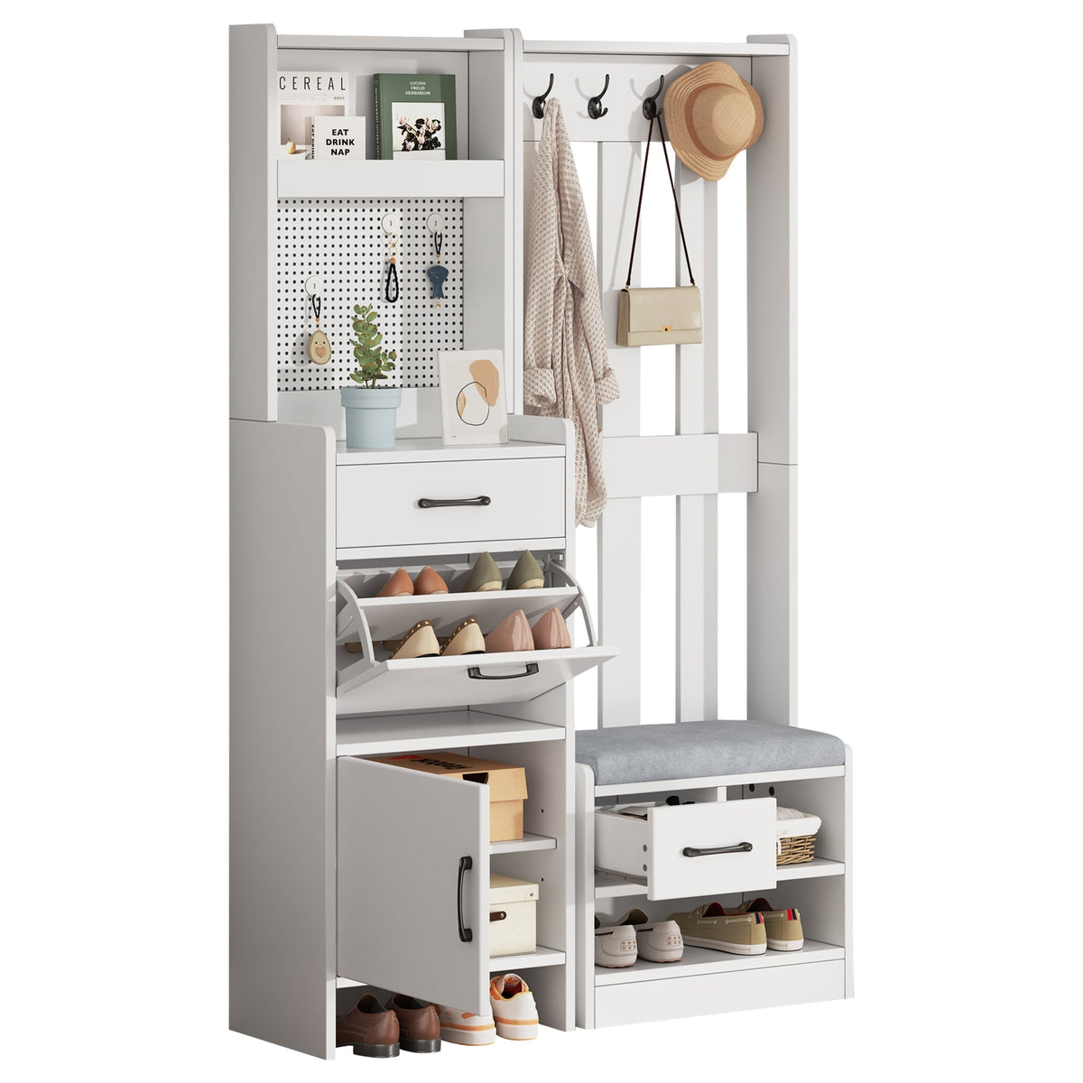 Hallway Coat Rack, 7-in-1 with Shoe Bench, 7 Hooks, Bookshelf, Drawers, White