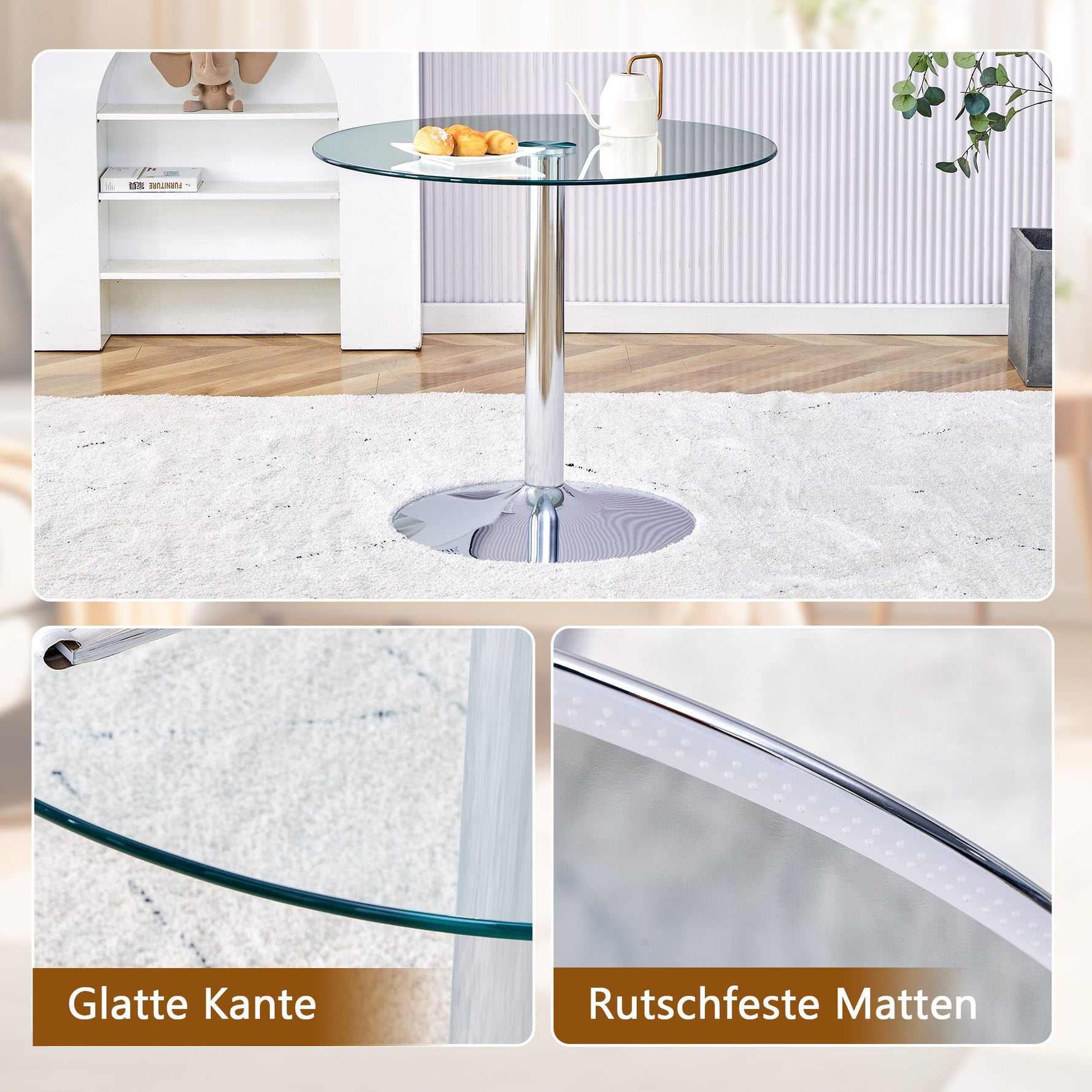 Dining Table Set, Minimalist 85cm Glass Table & 4 Chairs, White Faux Leather