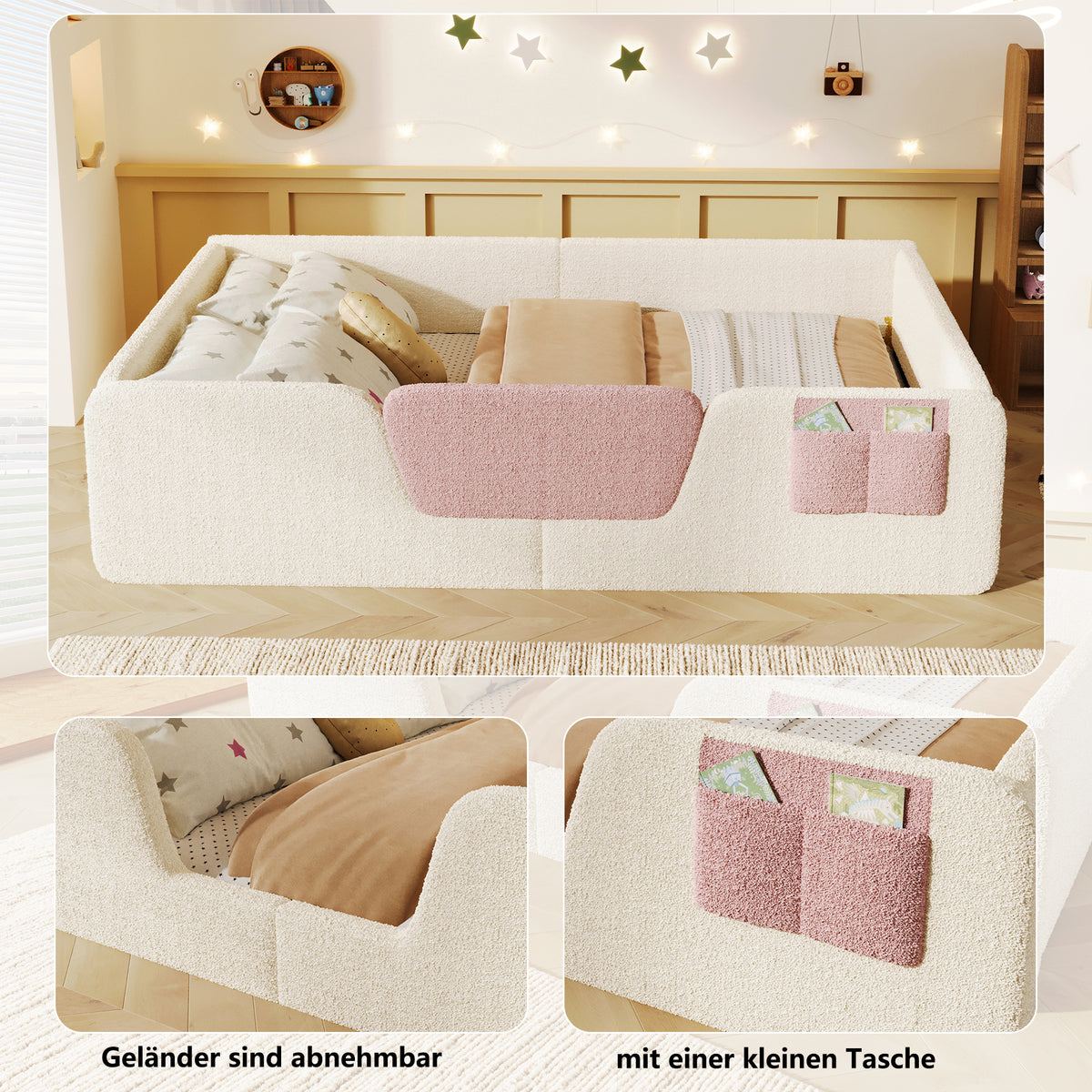 Upholstered Bed 140x190cm with Safety Rails & Storage, Beige Velvet