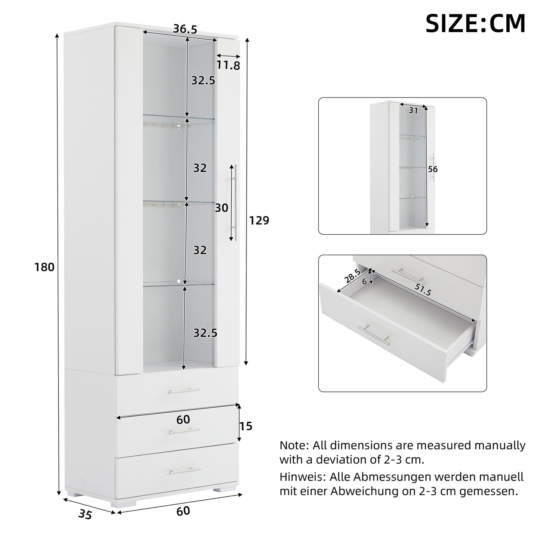 Display Cabinet Freestanding LED Glass 3 Drawers 60x35x180cm, High-Gloss White
