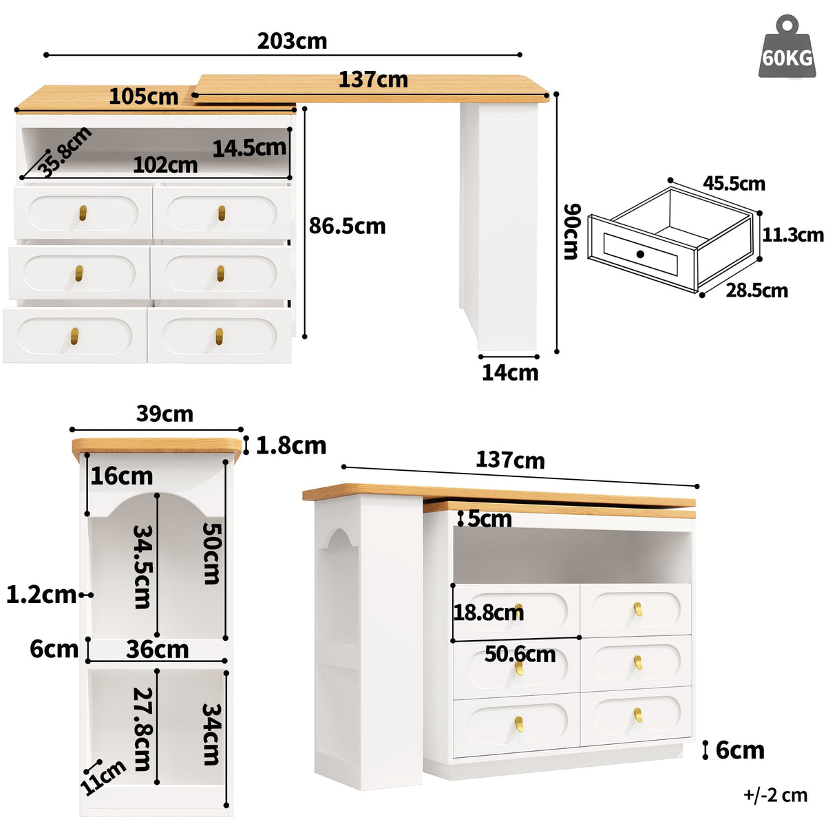 Extendable Rolling Bar Table 360° Swivel Storage Drawers - White