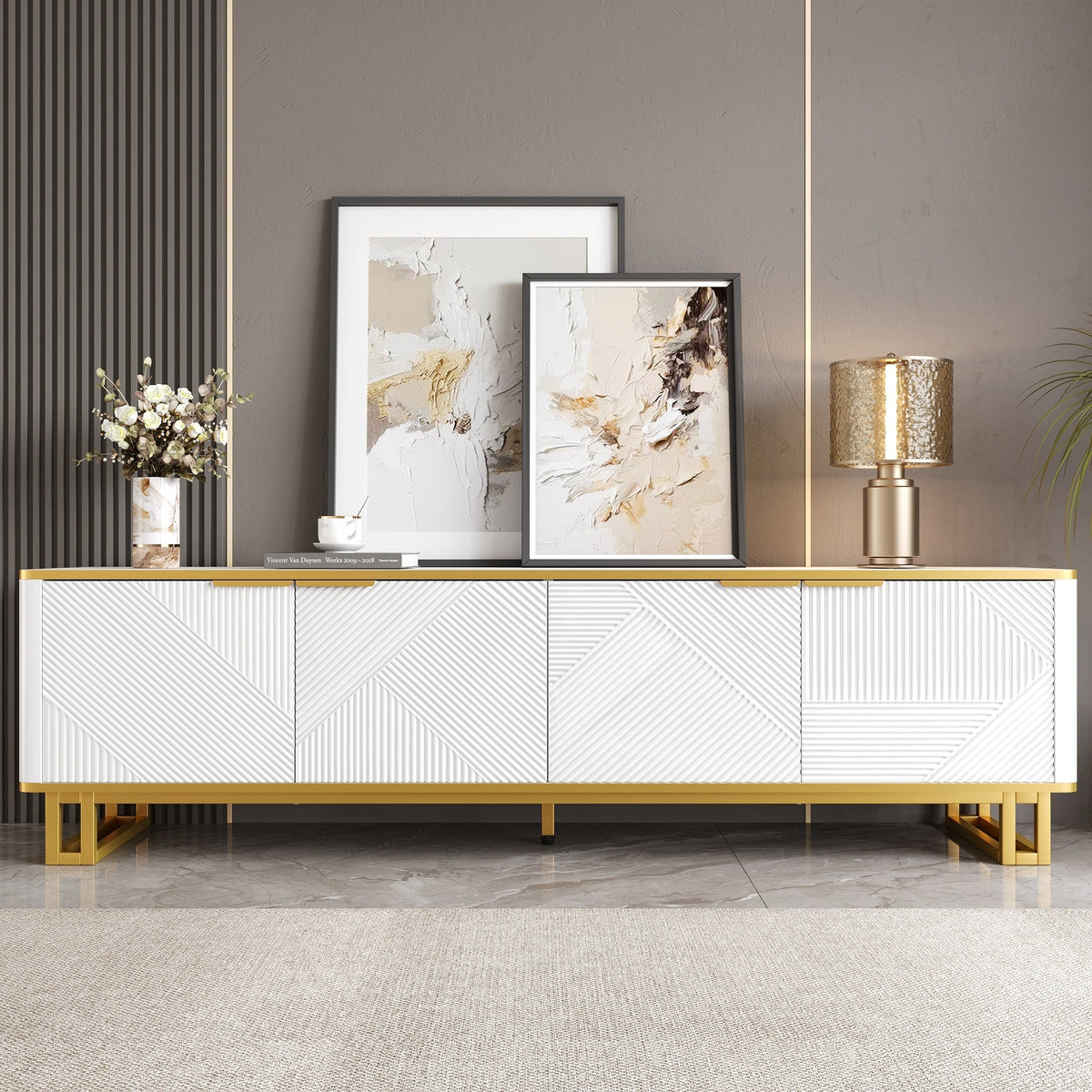 TV Cabinet Four Doors Geometric Texture 160x37.5x48cm White