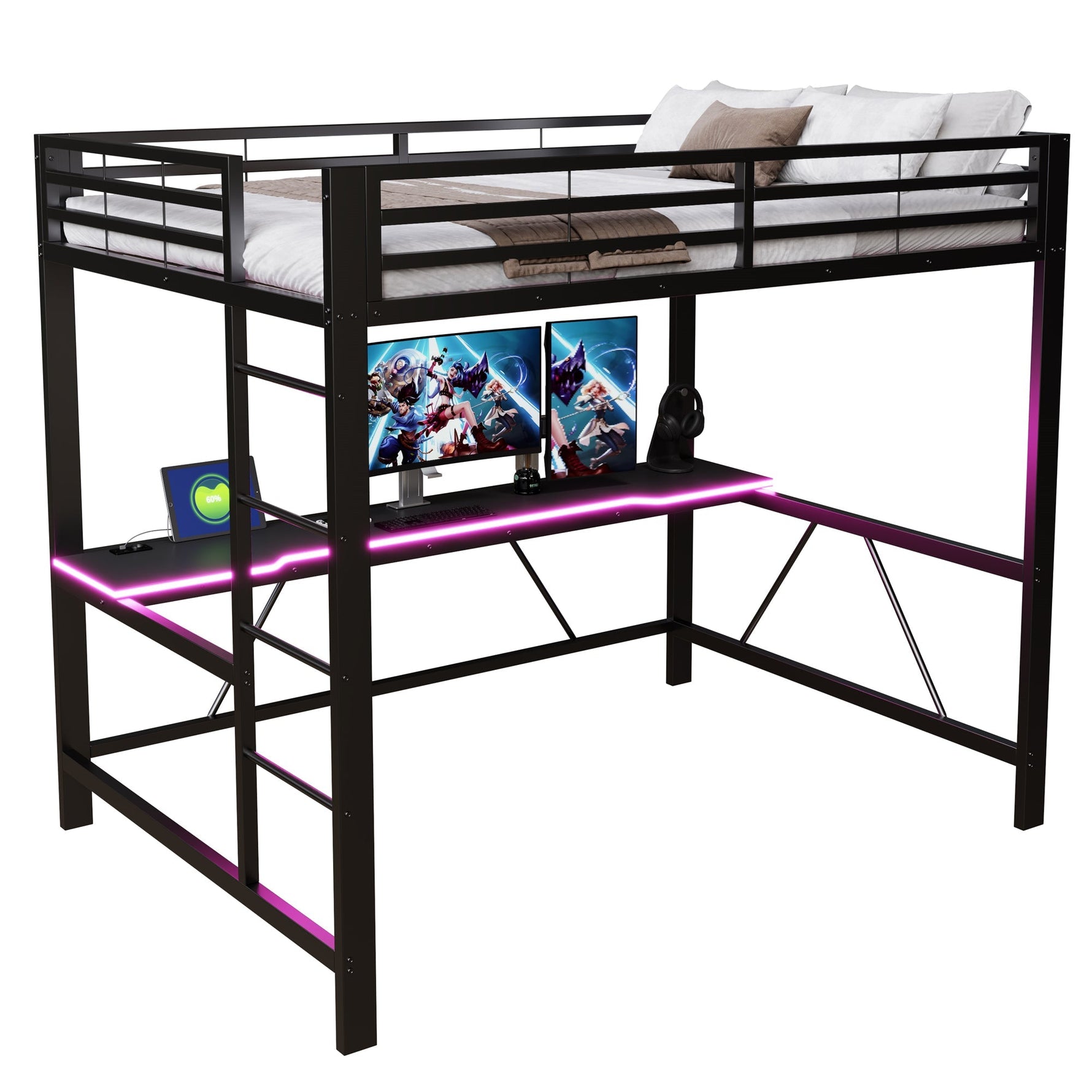 Gaming Loft Bed Frame with 140x200 Desk, LED and USB, Black Metal