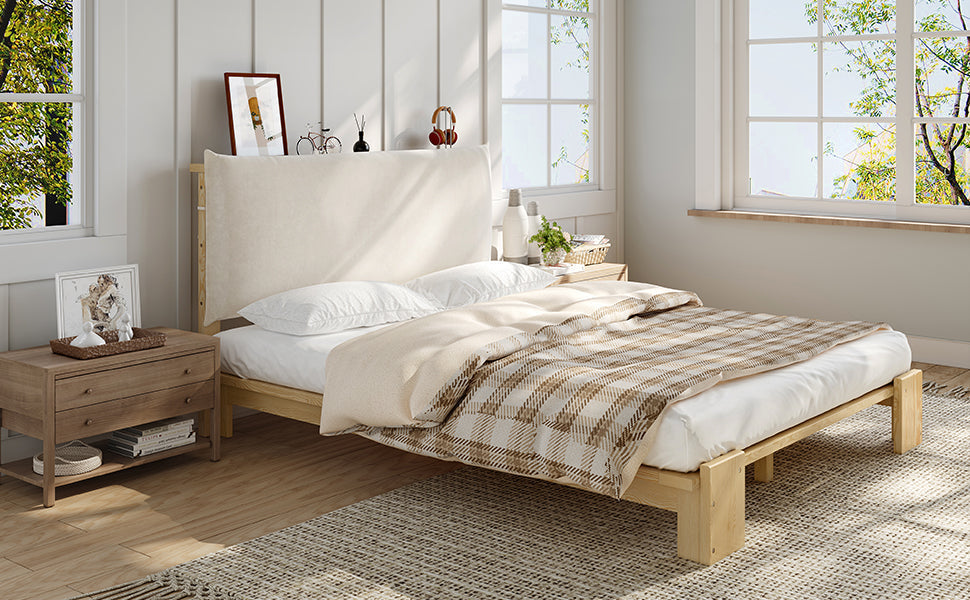 Upholstered Bed with Padded Headboard and Sturdy Slatted Base, 140x200cm, Natural Pine