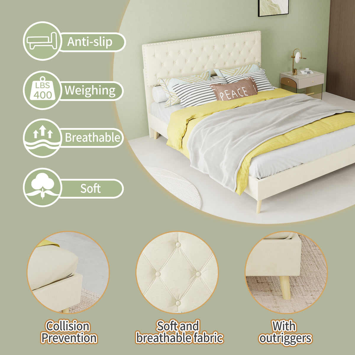 Modern Minimalist Soft Bed with Mattress 140x200cm, Beige