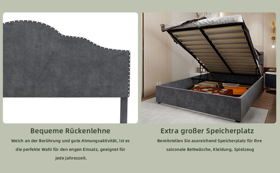 Modern Minimalist Soft Bed, High Box with Pneumatic Rod, 160*200CM, Gray