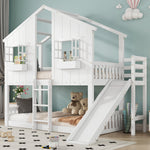 Bunk Bed with Slide, Roof & Window, Safety Gate, 3-Step Ladder, Pine + MDF, White, 90x200cm