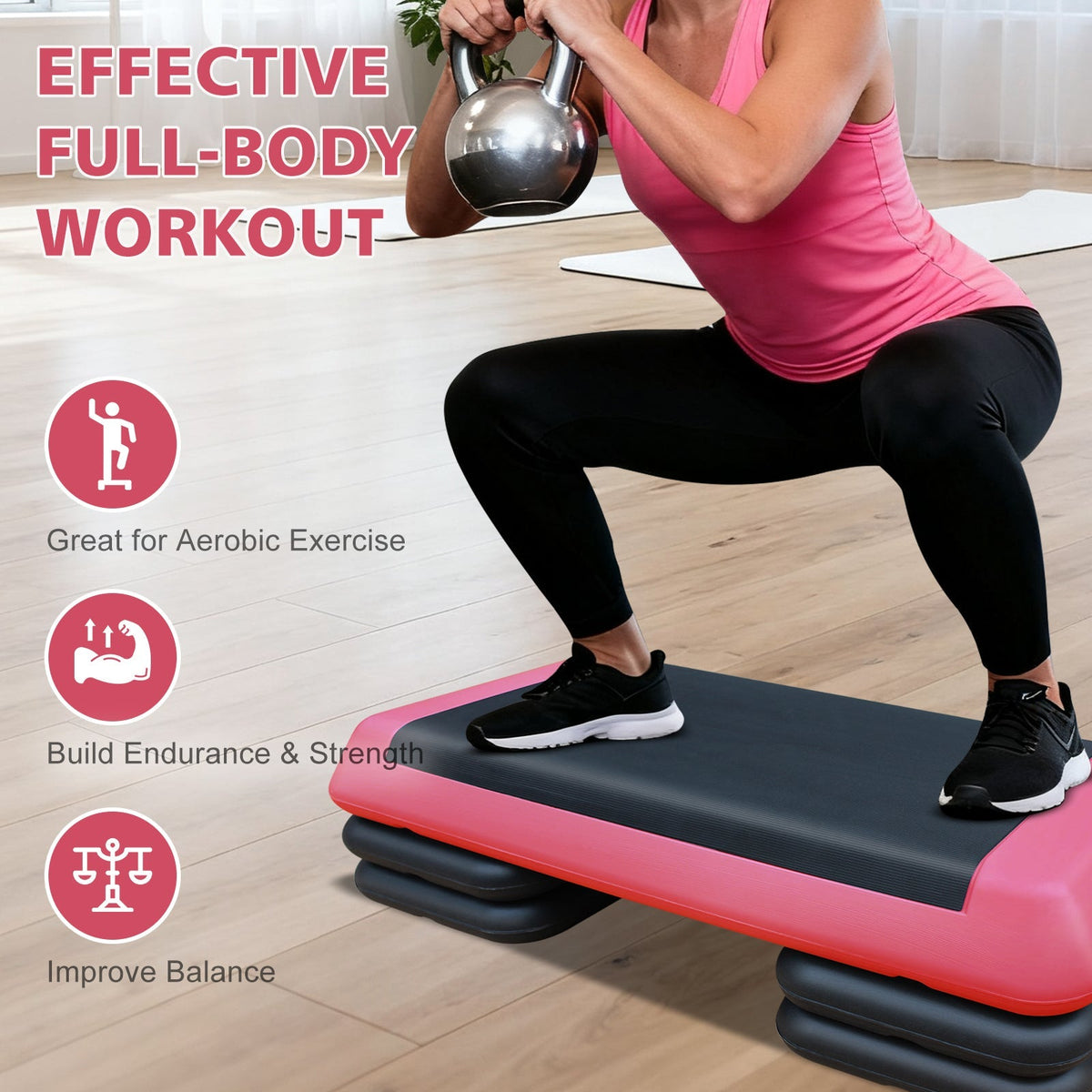 Aerobic Stepper, 76cm/28.5" Adjustable with 4 Risers, Red Black