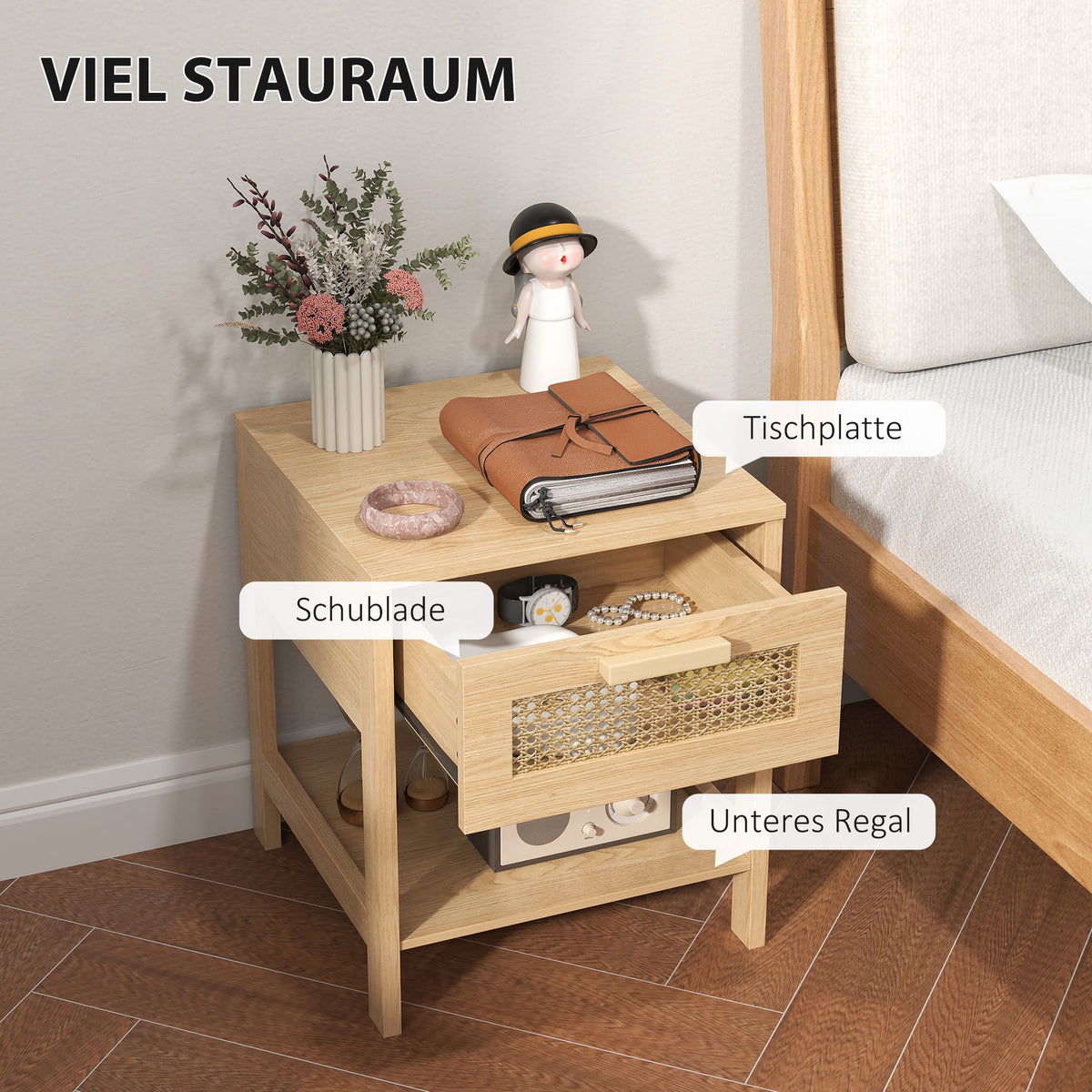 Bedside Table with Drawer, Open Shelf, Rattan Design, Natural