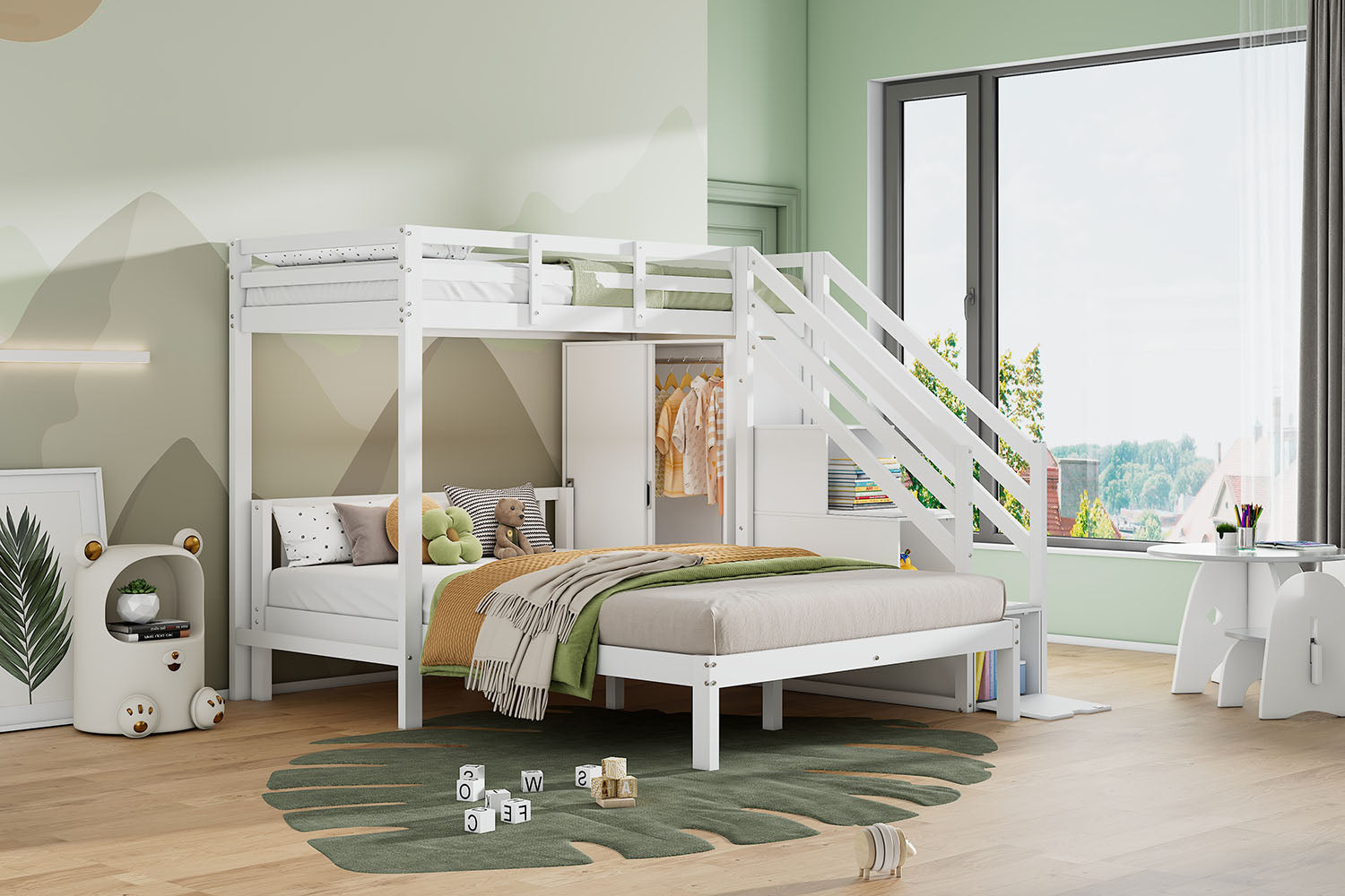 Multifunctional Bunk Bed with Wardrobe and Storage Stairs, 90x200cm and 140x200cm, White Solid Wood and MDF