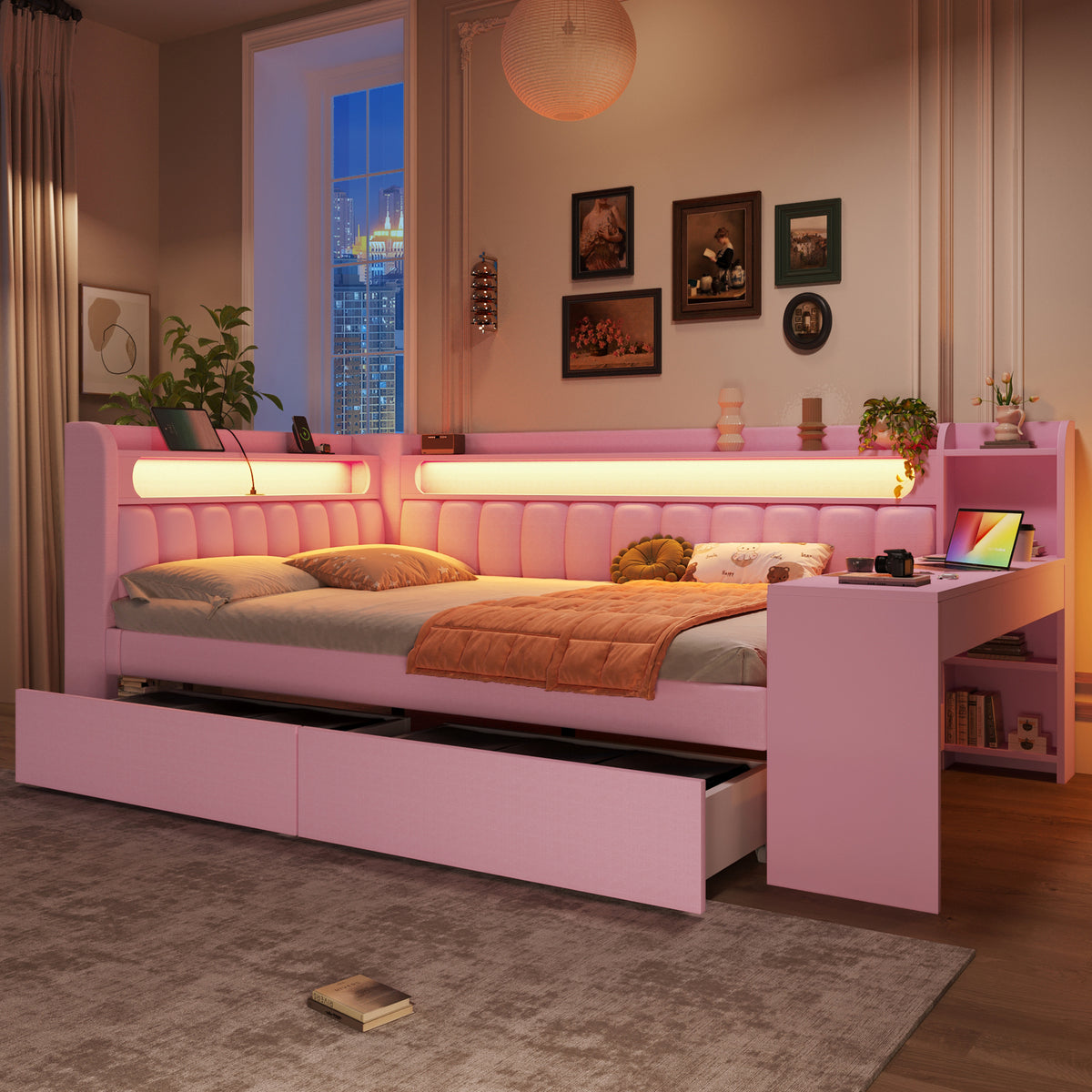 Upholstered Daybed 140x200 with Desk, USB & 2 Drawers, Pink