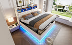 LED Upholstered Bed with USB & Hydraulic Storage, Linen Beige