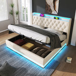 Upholstered Bed Double, 360 LED, Hydraulic Storage, USB-C Charging, 180x200 cm White PU