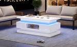 Liftable Coffee Table with 2 Drawers and LED Lighting, White Chipboard