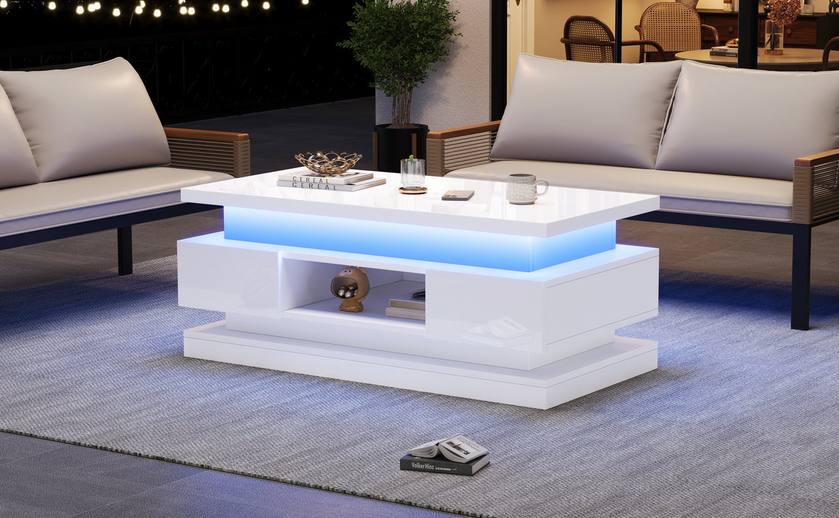 Liftable Coffee Table with 2 Drawers and LED Lighting, White Chipboard