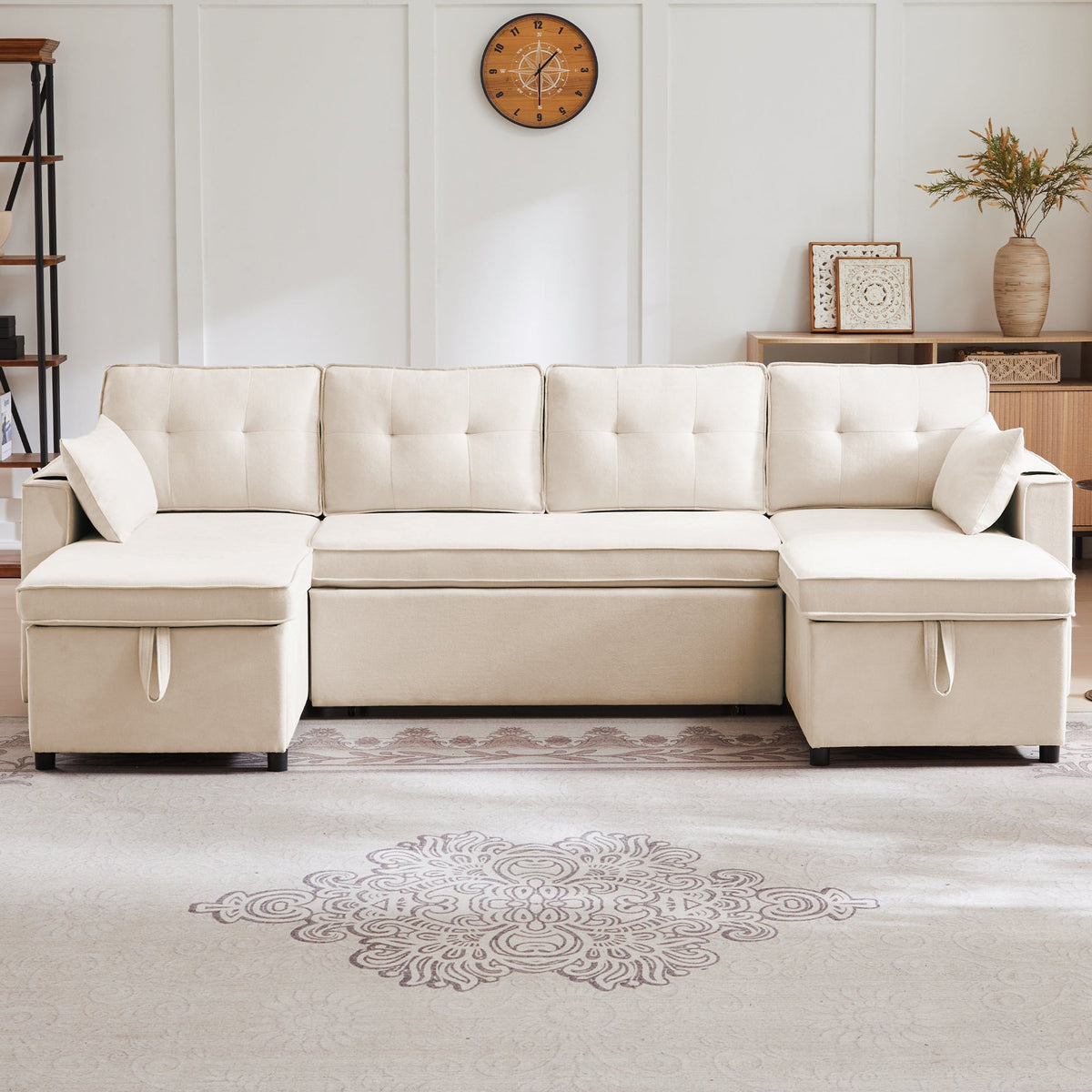 Sofa Bed, U-shaped Sleeper with Cupholder & Storage, Cotton Linen Fabric