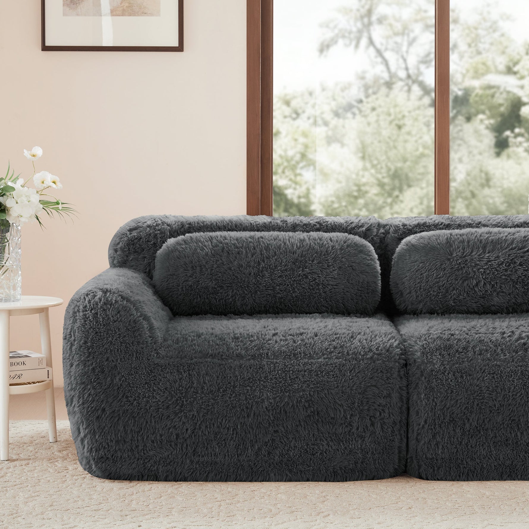 L-shaped 2-Seater Sofa, Modular Plush Fabric, Grey