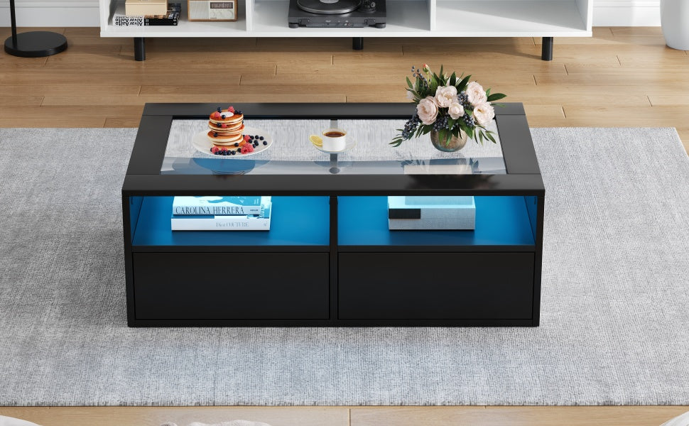 Coffee Table 100x50x35cm LED Light 2 Drawers Glass Storage Black