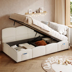 Upholstered Single Bed with USB Charger and Storage Bag, 90x200 cm, Beige Bouclé