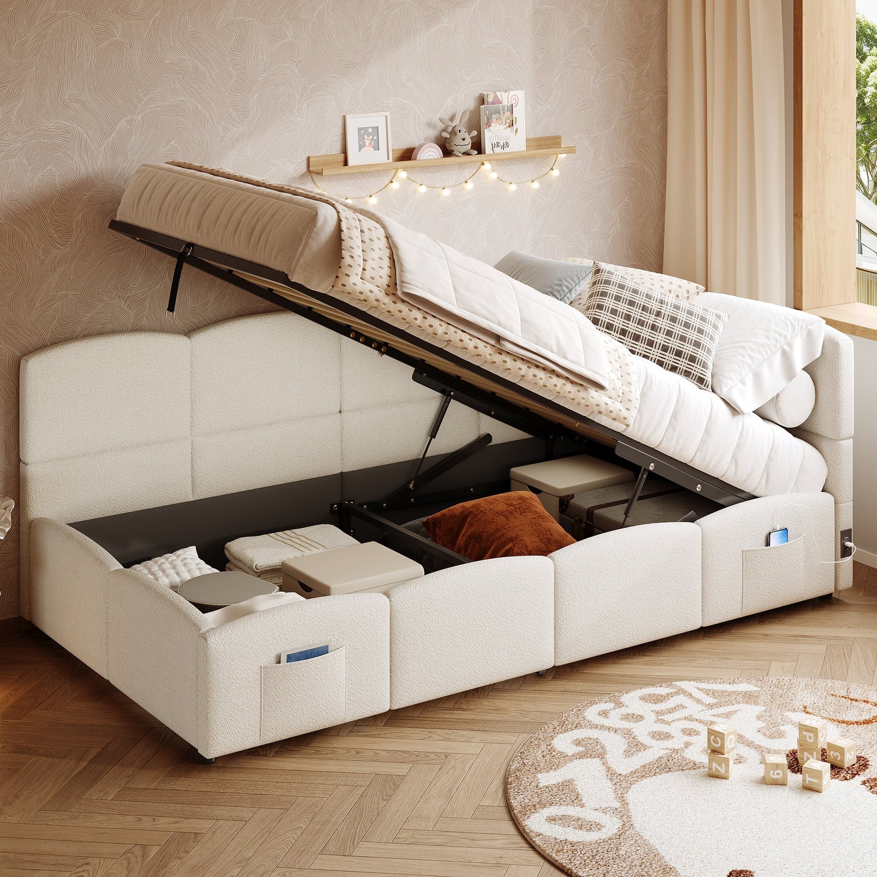Upholstered Single Bed with USB Charger and Storage Bag, 90x200 cm, Beige Bouclé
