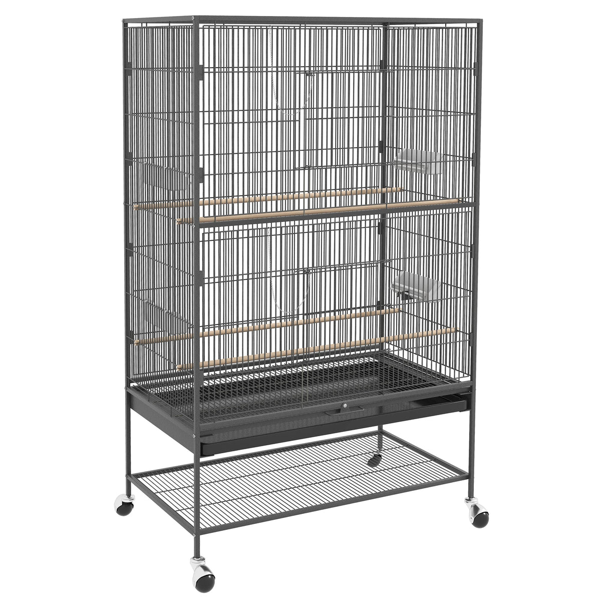 Bird Cage Aviary, Perches, Shelf, Doors, Wheels, Grey